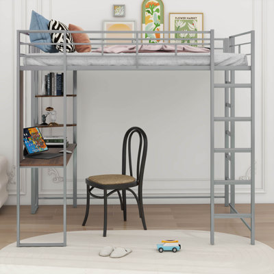 Gerasim Full Size Metal Loft Bed With 2 Shelves And One Desk