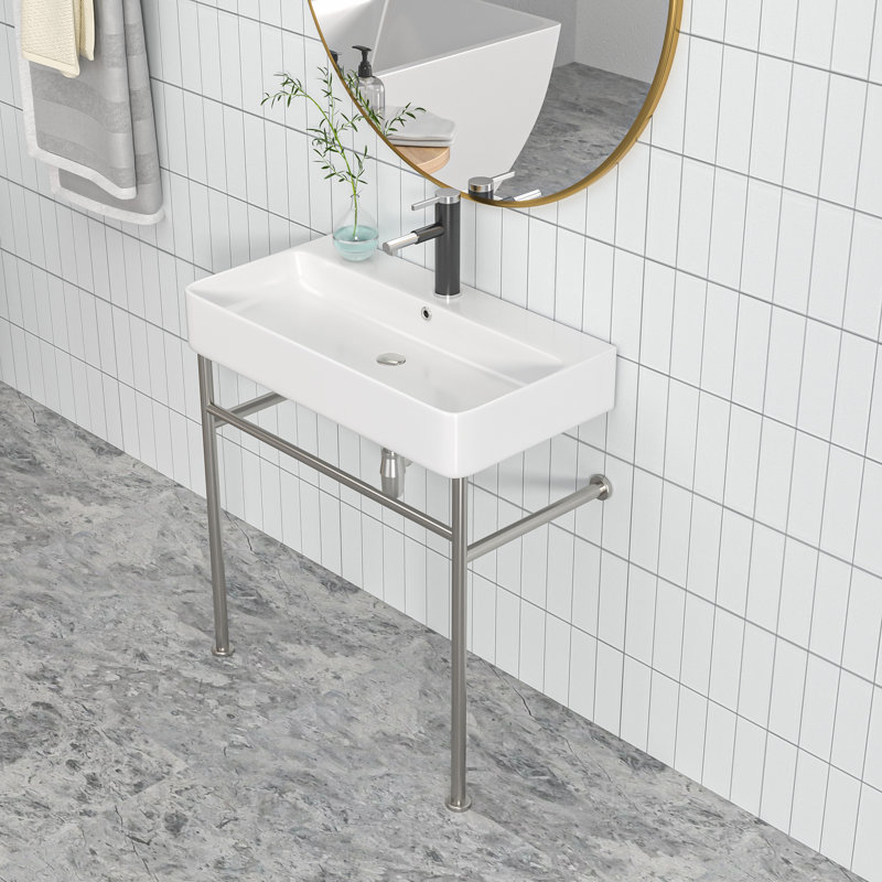 Lavabo de salle de bain console en céramique avec trop-plein, Blanc / argent
