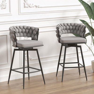28" Bar Chair Linen Woven Bar Stool Set Of 2,Black Legs Barstools No Adjustable Kitchen Island Chairs,360 Swivel Bar Stools Upholstered Bar Chair Counter Stool Arm Chairs With Back Footrest (Grey)