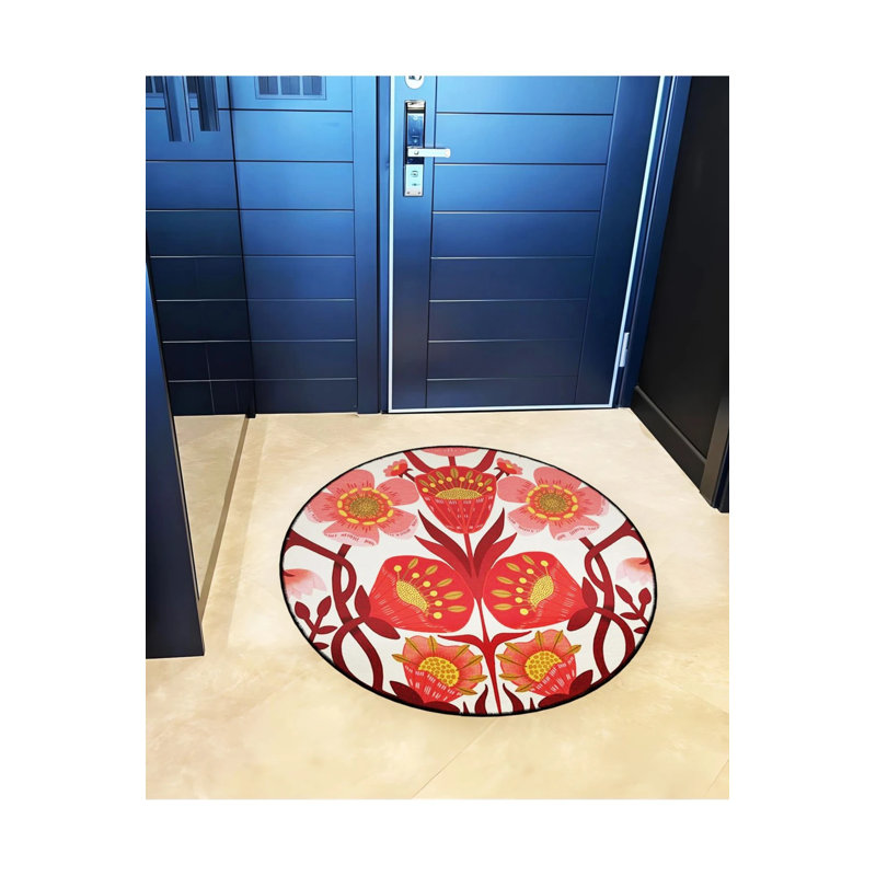 Red Themed Floral Rose Patterned Round Woven Base Modern Decorative Carpet, Round 2'8"