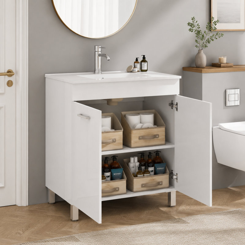 Meuble-lavabo autoportant blanc 32 po avec portes à fermeture douce et lavabo en céramique