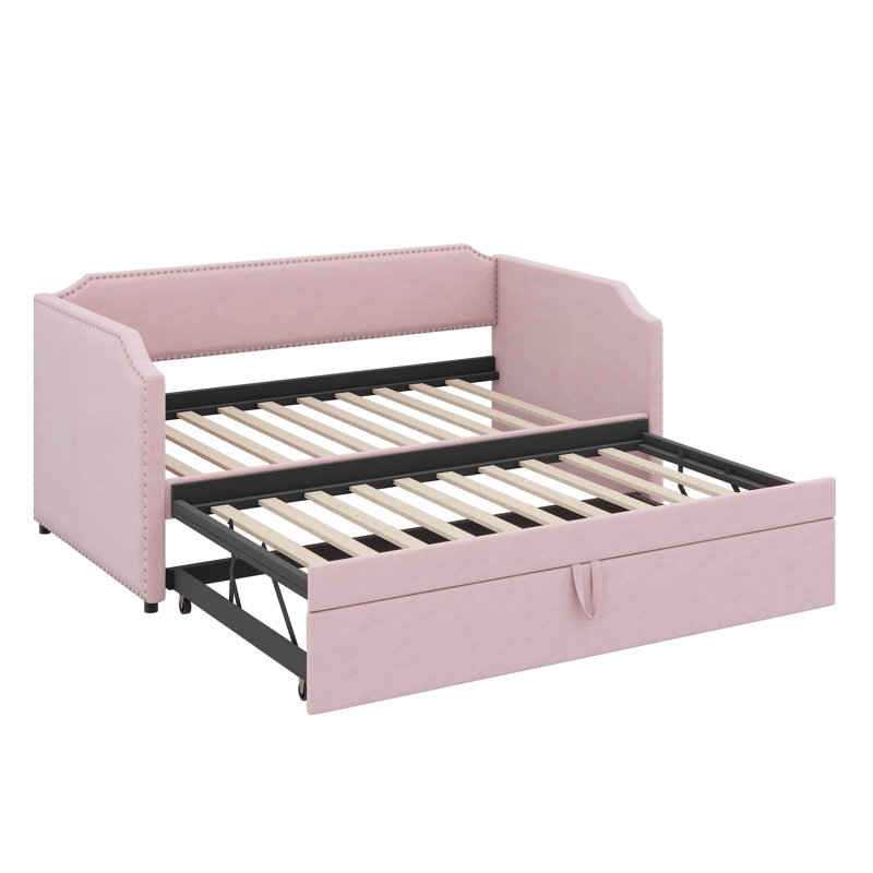 Lit de jour avec couchette escamotable, taille simple, revêtu de velours, Rose