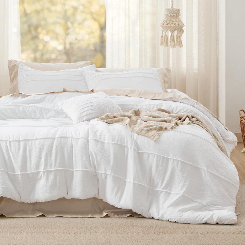 Best Seller Bedsure Prewashed Microfiber Pinch Pleat Comforter Set-89GSM, Queen Comforter + 3 Additional Pieces, White