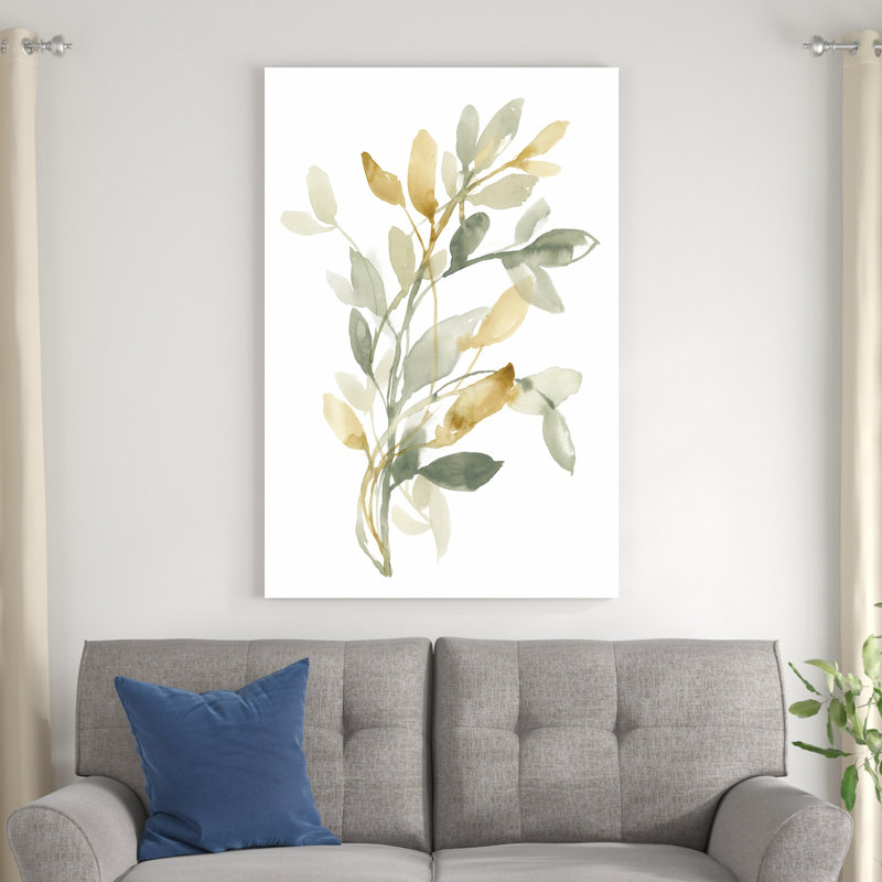 «Sage and Sienna Leaves II» par Jennifer Goldberger - peinture sur toile tendue, H 48 po x l 32 po