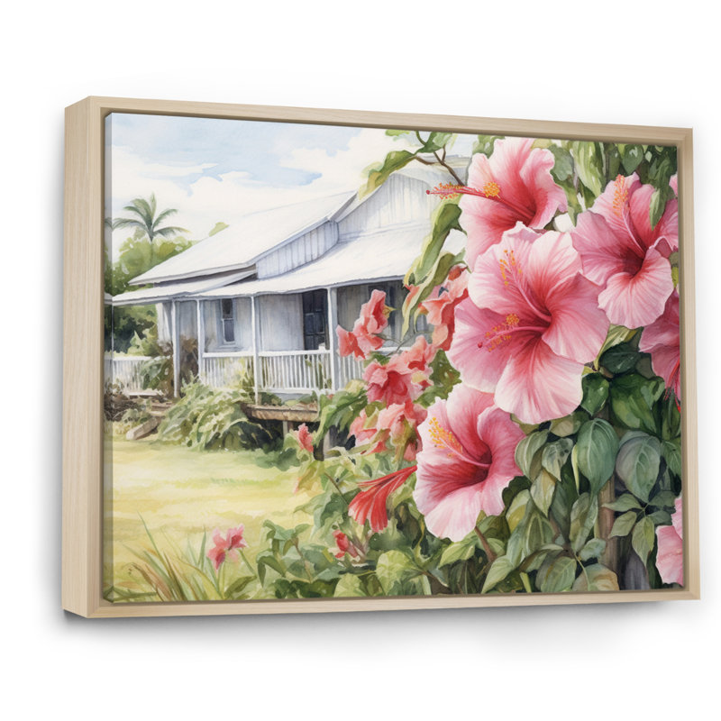 Hibiscus rose et vert, harmonie tropicale, fleurs I sur toile, Cadre naturel flottant, H 16 po x l 32 po x P 1,5 po