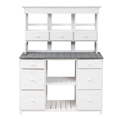 Table de jardin en pot, design rustique et élégant avec plusieurs tiroirs et tablettes pour le rangement