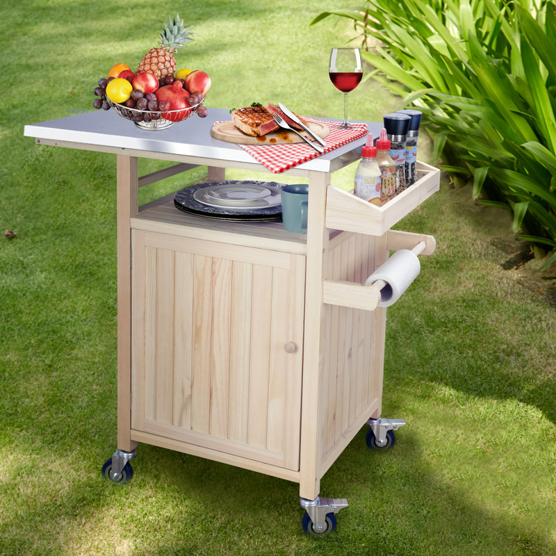 COOLBEBE Table de préparation extérieure pour chariot de barbecue avec plateau en acier inoxydable, table de barbecue en bois massif avec roulettes et tablette latérale (Burlywood)