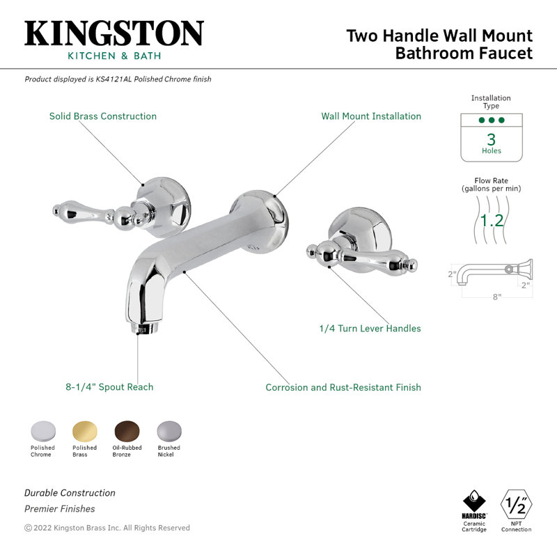 Kingston Brass Metropolitan Two-Handle 3-Hole Wall Mount Bathroom Faucet, Gold