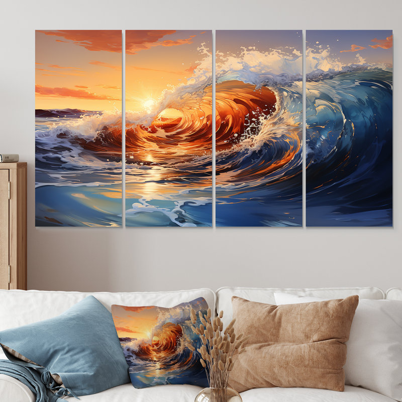 «Blue and Orange Sunrise Waves III - Coastal Waves», art mural 4 pièces, H 32 po x l 64 po