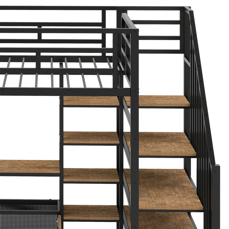 Lit mezzanine avec escalier, table de rangement basse et tablettes de rangement, Noir