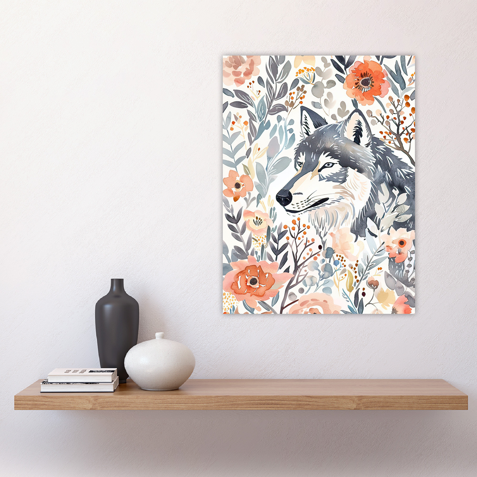 Alpen Home Wolf and Wild Roses Floral Pastel Watercolour Wall Art Print ...
