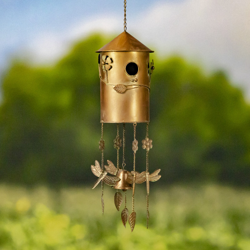 Julio Bronze Metal Birdhouse Wind Chime with Floral Accents