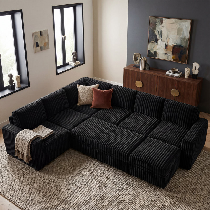 Hoelscher U Shaped Sleeper Corner Sectional Pull Out Sofa Bed With Storage Space, Black Corduroy