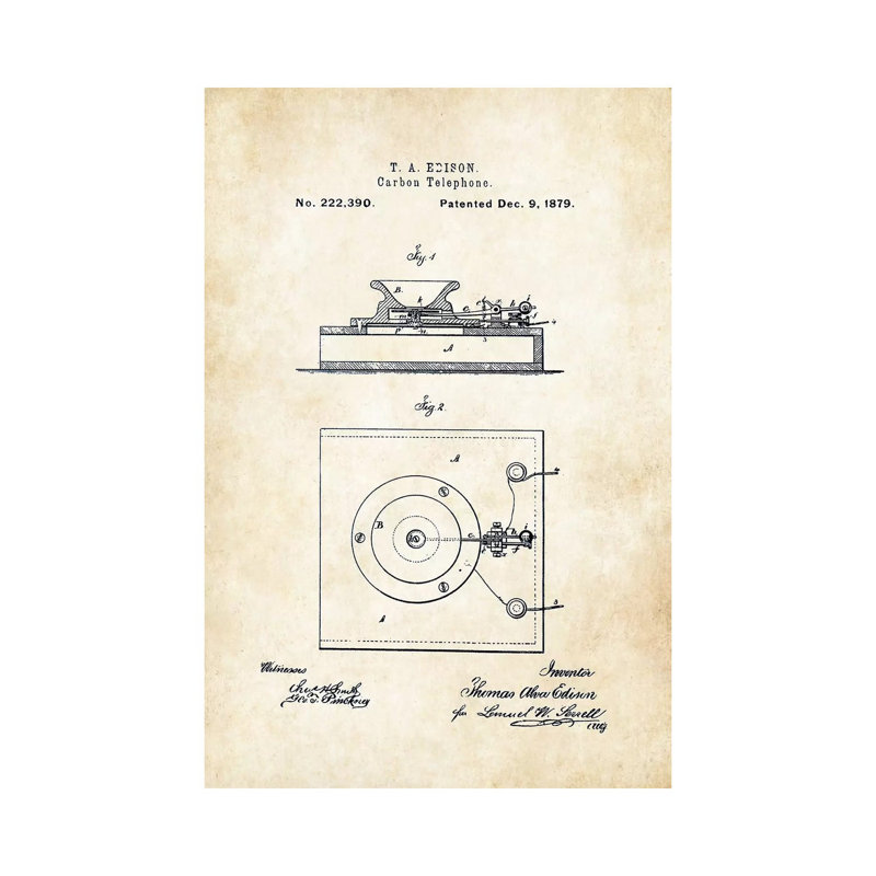 «Thomas Edison Carbon Téléphone» par brevet77 - reproduction de dessin sur toile tendue, H 26 po x l 18 po x 1,5 po