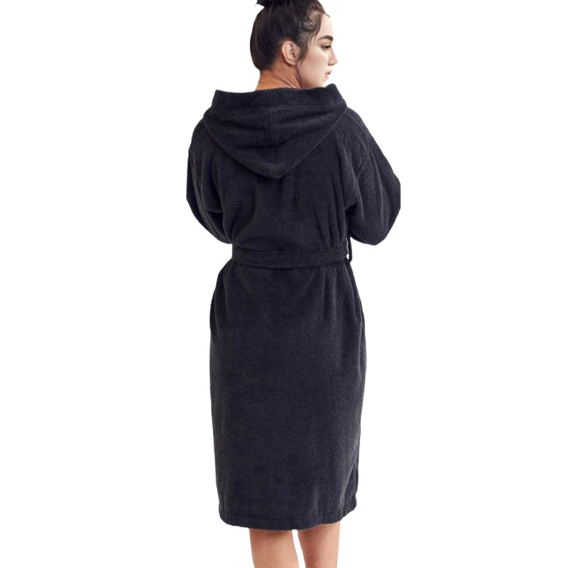 Peignoir mi-mollet 100% coton avec poches et capuche Seine, Noir, Taille unique