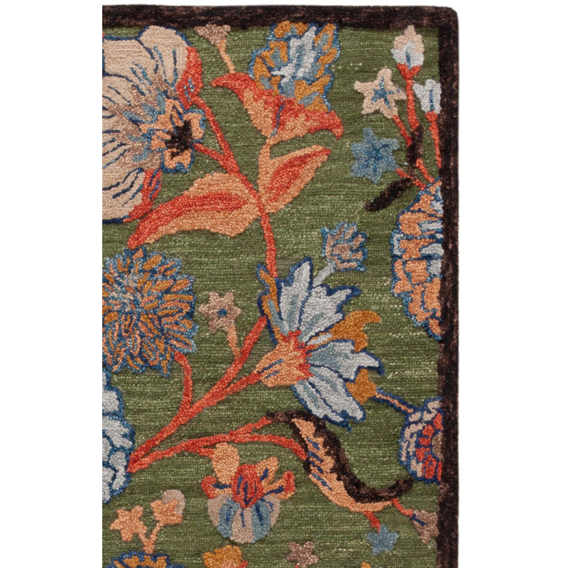 Tapis vert / bleu en laine / coton touffeté à la main Anacecilia 759, Tapis de couloir 2 pi 3 po x 8 pi