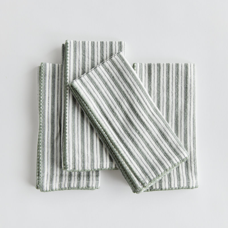 Ensemble de serviettes de table en coton vert verdoyant Olenna Feuille 5, Bordure bouclée, À rayures