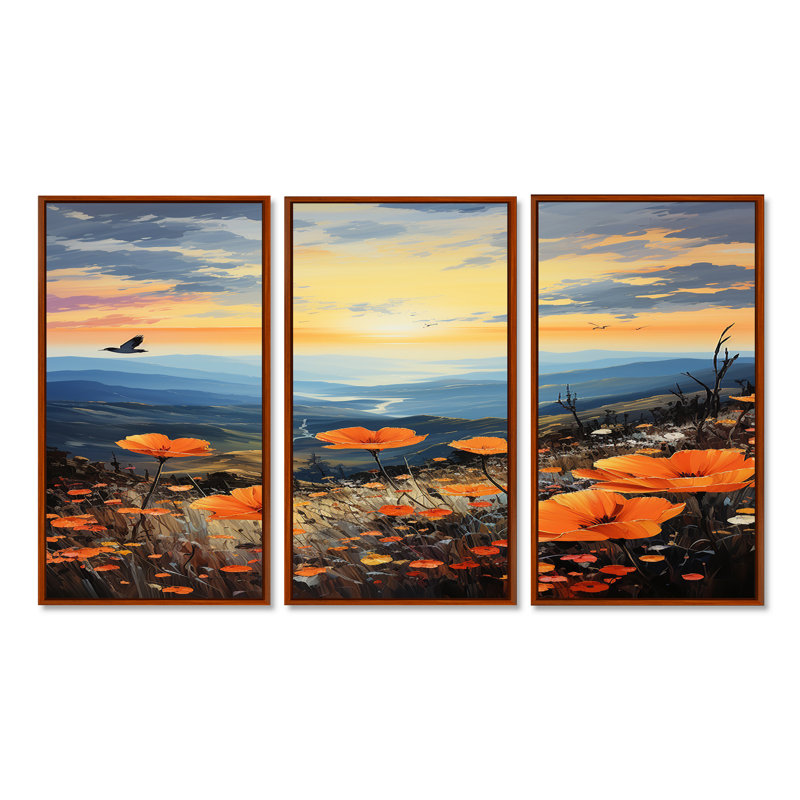 Ensemble de salon art mural coquelicots orange River River, H 40 po x l 60 po x P 1 po, Cadre flottant brun
