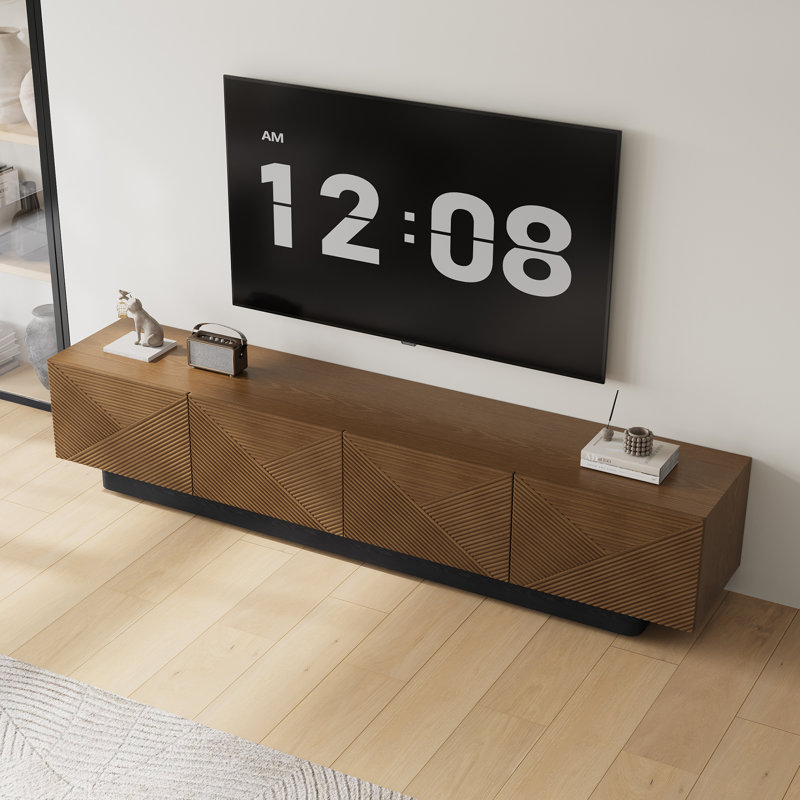 Meuble télé 78 po pour salon Mid-Century moderne, console en bois avec base noire, armoires et tiroirs, aucun assemblage requis