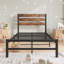 Structure de lit plateforme simple avec tête de lit en bois rustique rétro, sommier à lattes métalliques solides-263575025