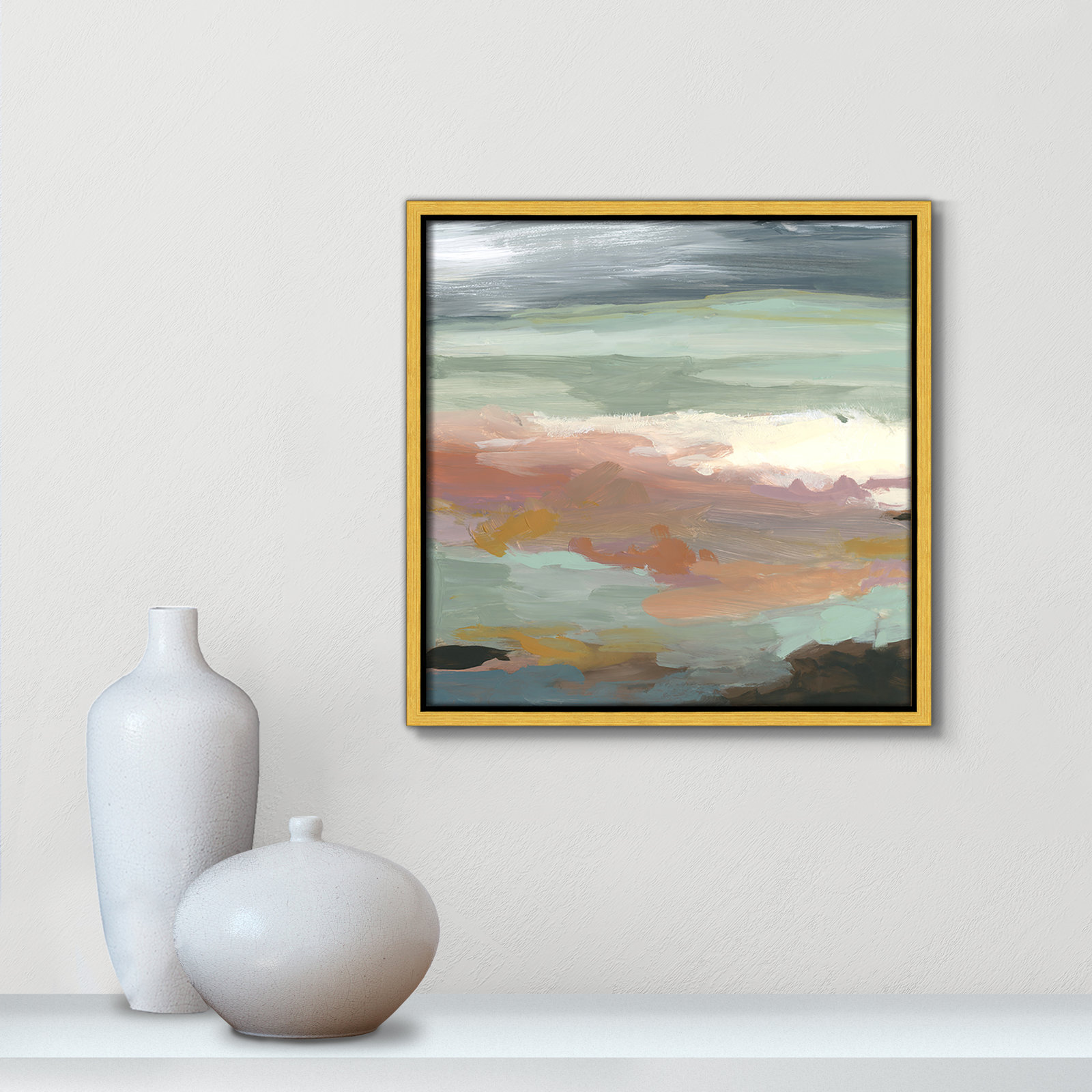 Bingham "Ocean Bluffs" Painting by Carol Robinson, Picture Framed Canvas, 13.5" H x 13.5" W, Gold