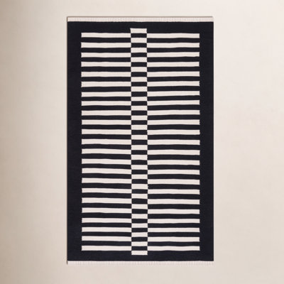 Delia Black Ivory Striped Flatweave Rug
