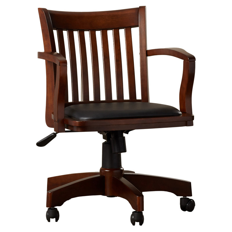 Espresso Wood Banker's Desk Chair with Black Vinyl Seat
