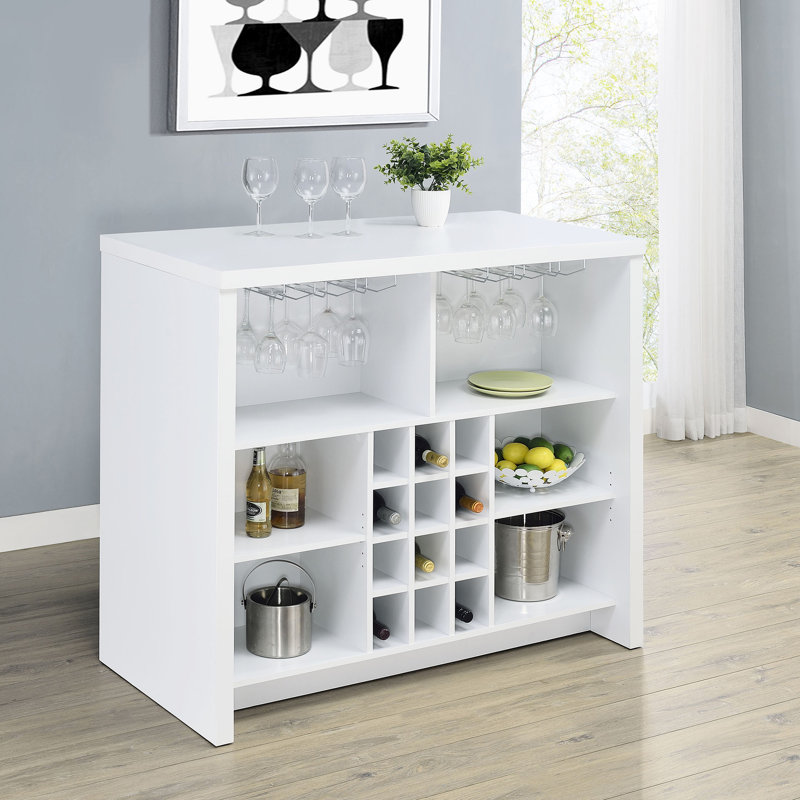 Bar autoportant en bois d'ingénierie blanc avec rangement pour bouteilles de vin et verres à pied pour la salle à manger Capacité de 12 bouteilles