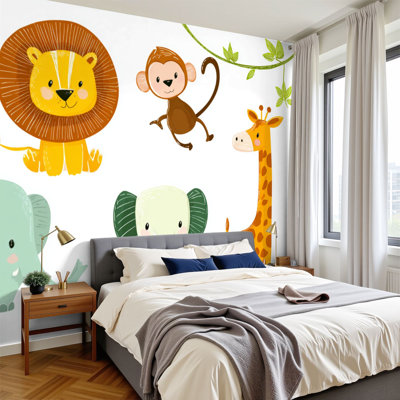 Peel and Stick Wallpaper 96" W x 69" H Modern Self Adhesive Wall Mural for Bedroom cute jungle animals elephant lion giraffe monkey Funny animal