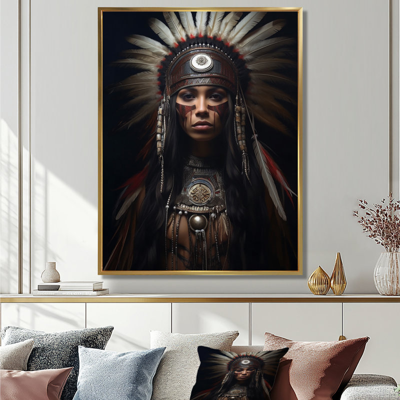 Tribal beauté avec coiffe de plumes traditionnelles - Art amérindien, Toile dorée avec cadre flottant, H 40 po x l 30 po