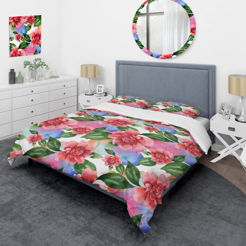 Fleurs rétro et feuilles vertes - ensemble de housse de couette floral - microfibre de polyester