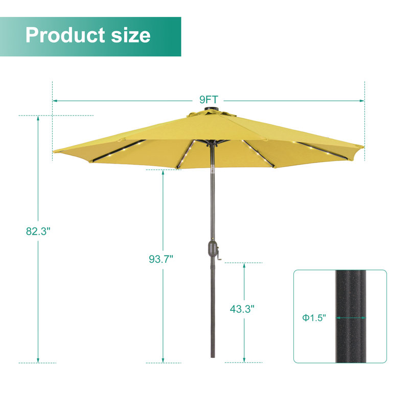 Parasol de patio 9 pi DEL, cadre de marché avec cadre en métal robuste à 8 nervures, Jaune