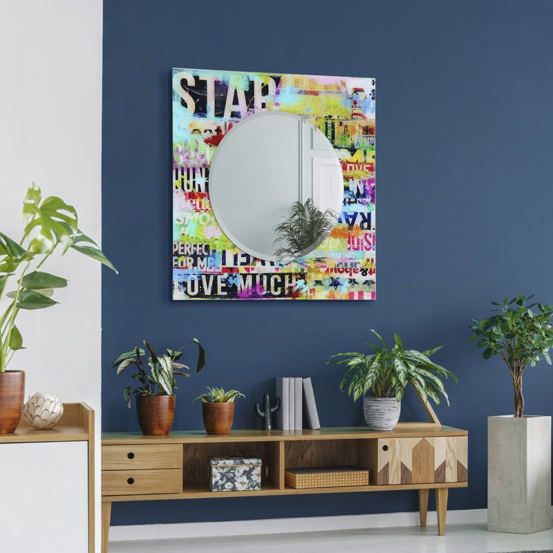 "Star" Round Beveled Mirror on Square Free Floating Reverse Printed Tempered Art Glass