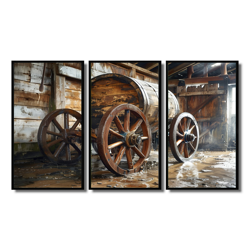 «Brown Rustic Barrels Charm IV», ensemble d'art mural rustique, H 28 po x l 36 po x P 1 po, Toile avec cadre flottant noir