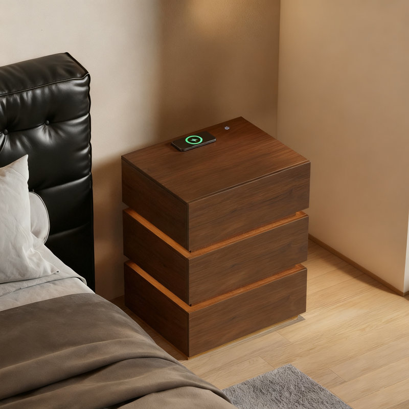 3-Drawer LED Smart Nightstand with Light, Brown