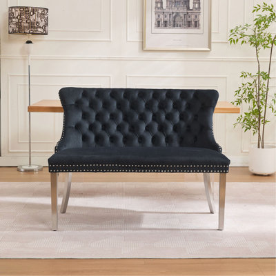 Banc en velours pour causeuse double, sièges de cuisine et de salle à manger, banc capitonné à 2 places avec boutons faits à la main, dossier à oreilles, pieds en acier inoxydable argenté brossé, style Mid-Century moderne
