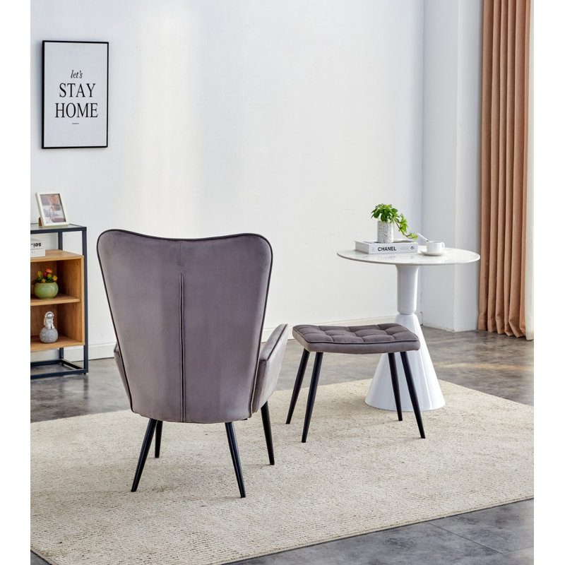 Addae Velvet Accent Chair with Footstool, Grey
