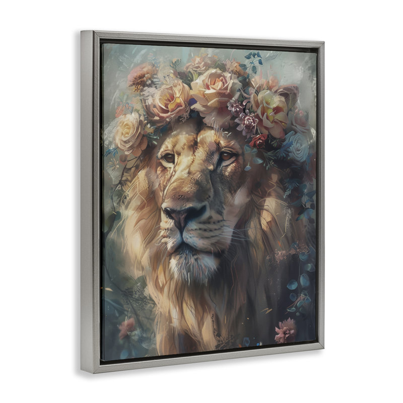 Cadre flottant lion avec guirlande de roses, design par Arlington Prints, H 21 po x l 17 po, Cadre flottant gris lustré