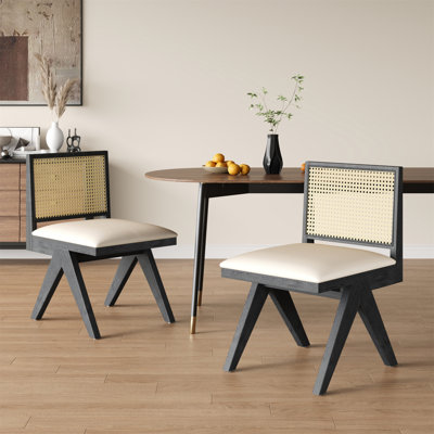 Chandigarh Dining Room Chairs, Cane Upholstered Kitchen Chairs Side Chairs(Set Of 2),Black+Natural Cane+Grey Cushion