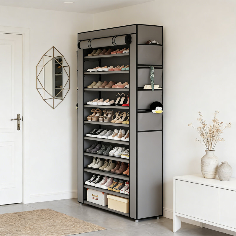 Shoe Rack With Cover, 10 Tier Tall Shoe Storage For 50-55 Pairs Of Shoes, Shoe Organizer For Entryway Closet, Gray