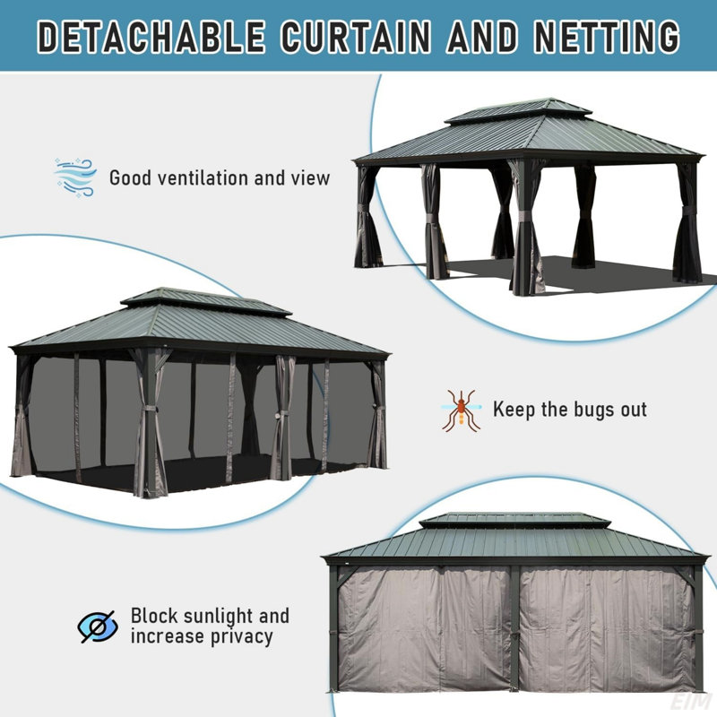 Hardtop Gazebo, Outdoor Gazebo With Galvanized Steel Double Roof, Aluminum Frame, Built-In Gutter System, Curtain And Netting, Metal Gazebo Pavilion For Patio Deck Garden