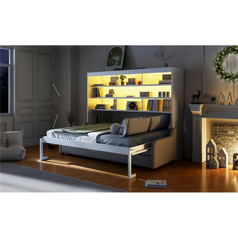 Lit escamotable pleine grandeur avec canapé pliant, tablettes de rangement intégrées et lumière DEL, beige