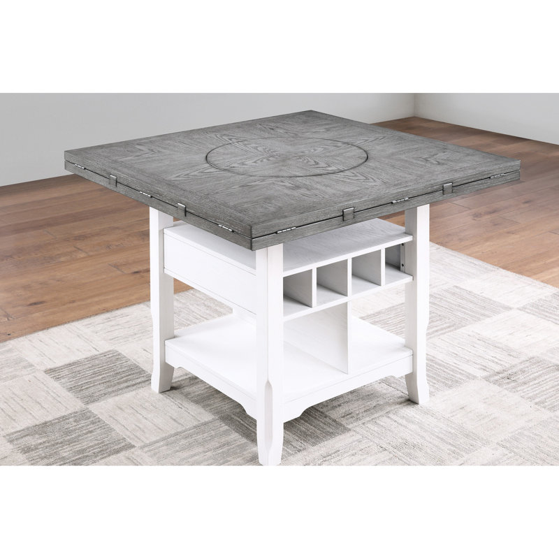 Table de style classique, ronde de 60 pouces avec abattants, gris et blanc antique, tablettes intégrées, hauteur de comptoir pour la cuisine