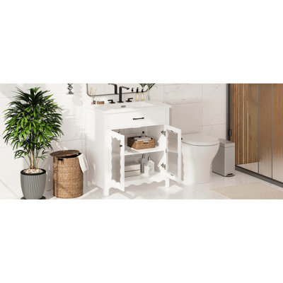Armoire de salle de bain moderne de 31 pouces avec lavabo intégré, profil incurvé et charnières à fermeture en douceur pour un rangement pratique de 31 po, verre trempé à rayures verticales en céramique lisse