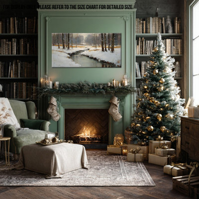 «Winter Landscape Wall Art - Winter Scène, décoration murale, peinture de Noël rétro, art mural arbre d'hiver pour salon, reproduction sur toile tendue avec cadre en pin, 16 po x 32 po