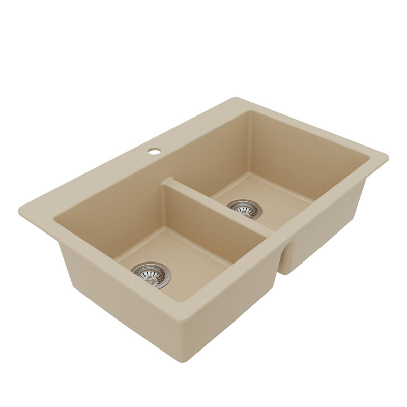 Karran Quartz 33'' X 22'' Double Bowl 50/50 Top Mount Drop-in Kitchen Sink Kit, Bisque