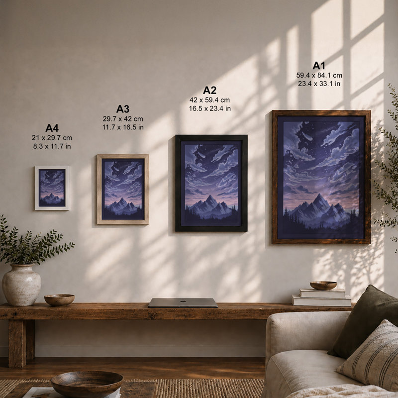 Mountain Under Stars Scandinavian - Framed Print, A1 - 84.1 x 59.4 cm, White