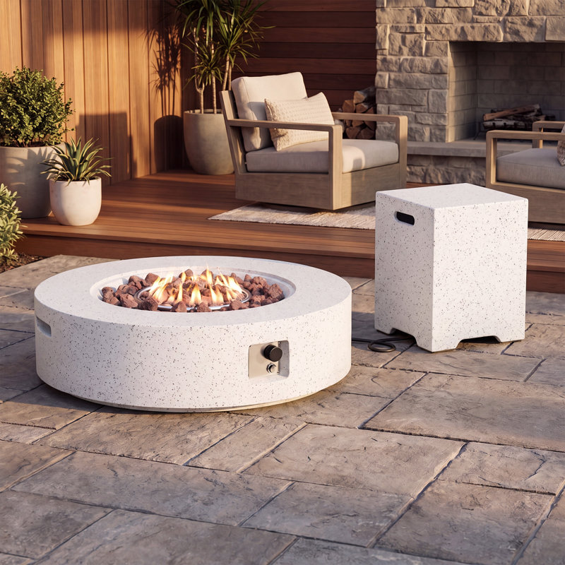 Shade Concrete Propane Outdoor Fire Pit Table, Terrazzo White