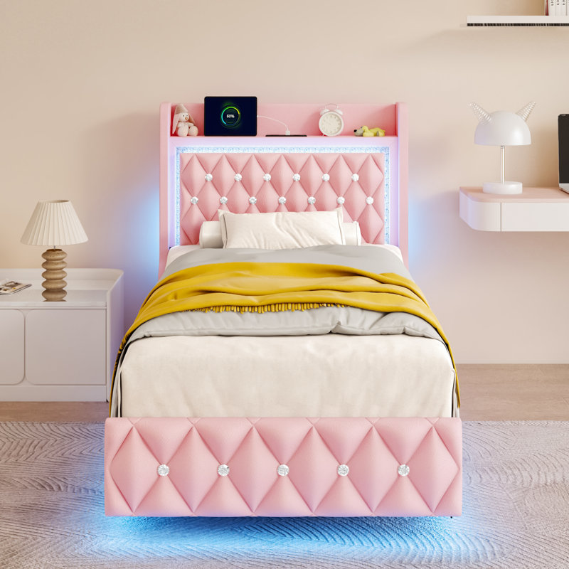 Floating Queen Bed Frame With LED Light, Upholstered Platform PU Leather Bed With Charging Station & Wingback, Diamond Tufted Storage Headboard & Footboard, No Box Spring Needed