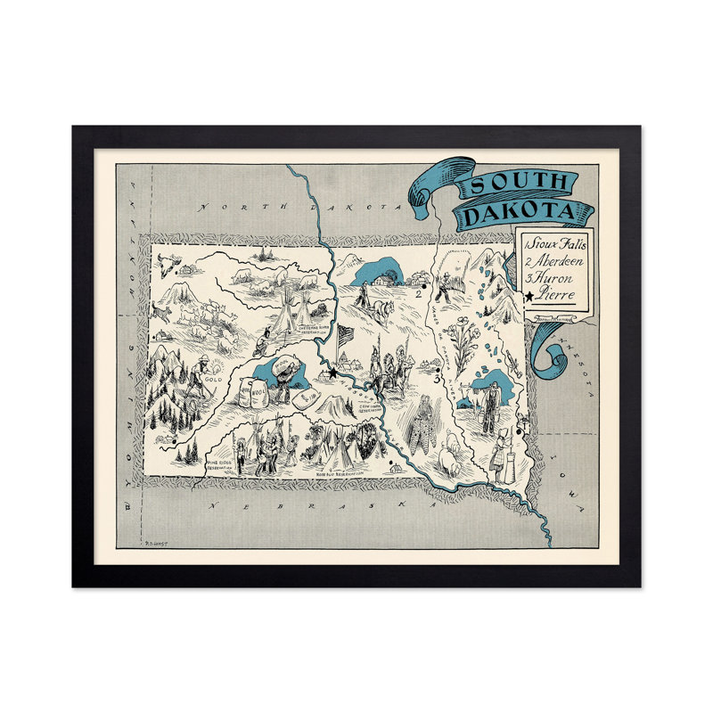 Carte illustrée de South Dakota, H 11 po x l 14 po, Affiche, Cadre noir